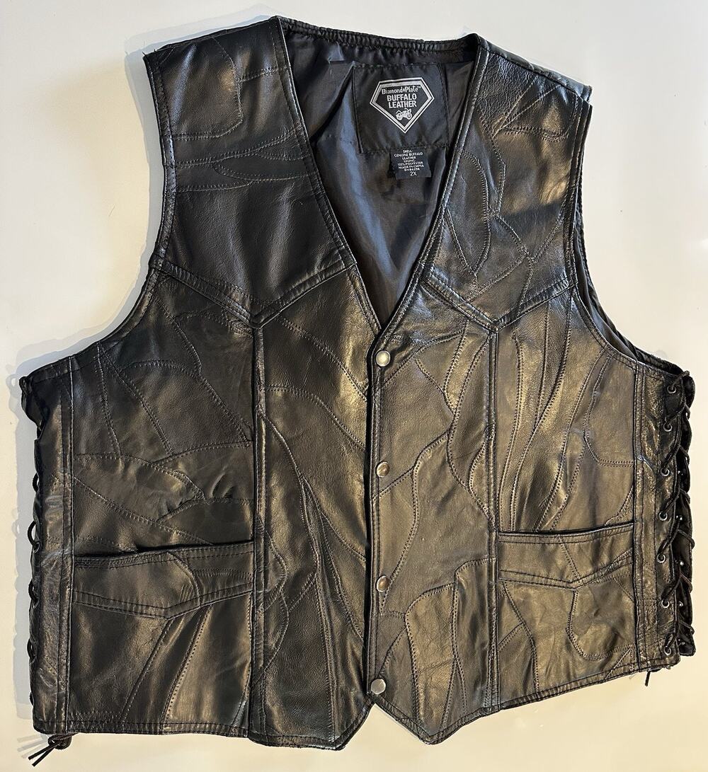 Diamond Plate Men's 2XL Buffalo Leather Black Motorcycle Vest Patch Flag Eagle